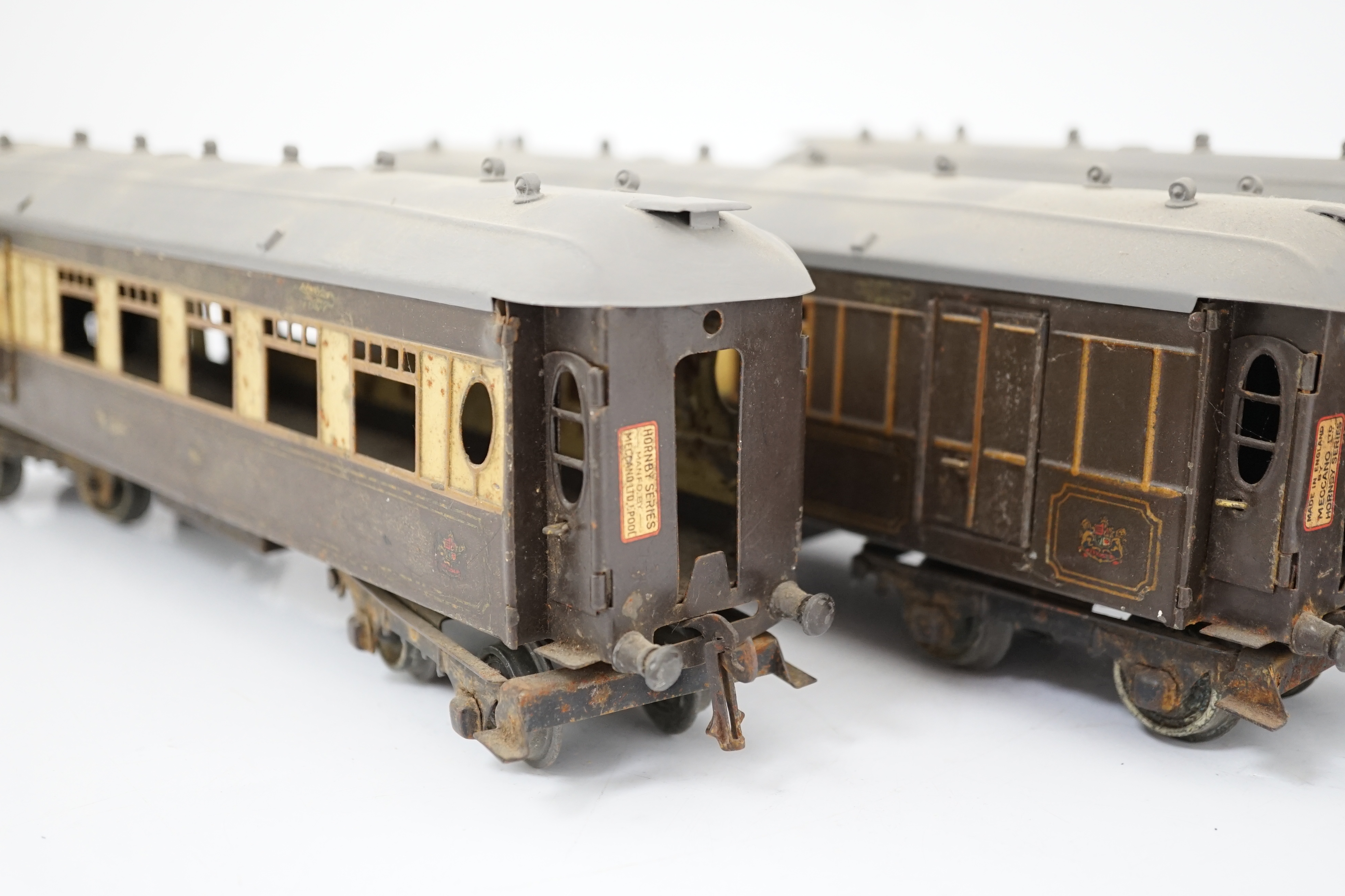 Three Hornby Series 0 gauge tinplate Pullman cars; Loraine, Arcadia and Montana
